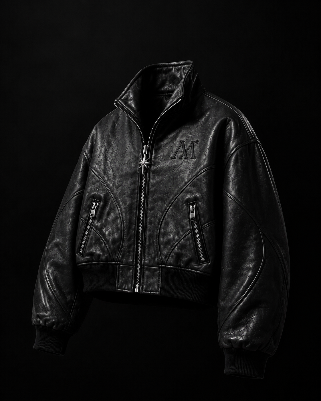 Abstract Mindz cropped black leather North Star jacket in a dark studio